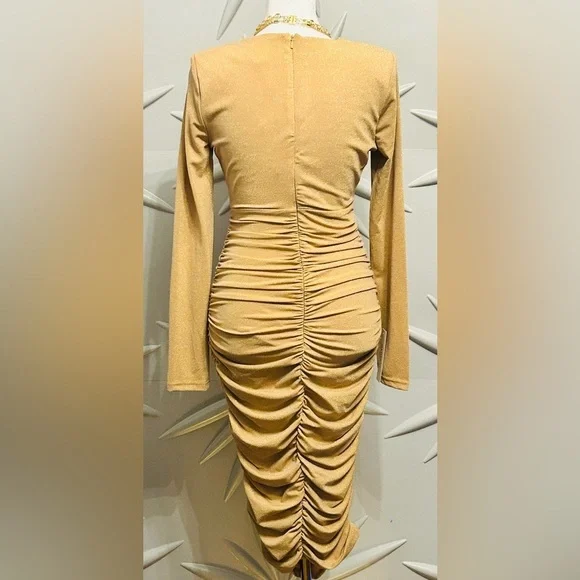 Bardot (NWT) SZ S gold dress w/ruching, bust 34”-36”, waist 26”-32” - Picture 7 of 7